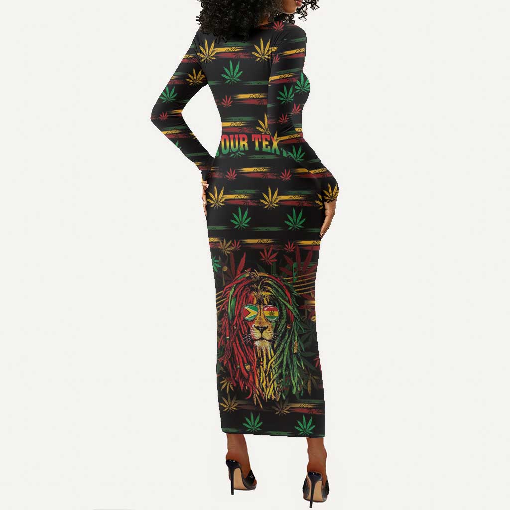 Personalized Guyana One Love Reggae Lion Long Sleeve Bodycon Dress Caribbean Reggae Spirit