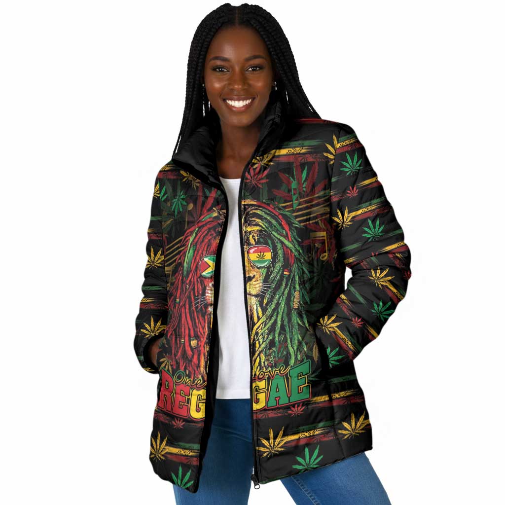 Personalized Guyana One Love Reggae Lion Padded Jacket Caribbean Reggae Spirit