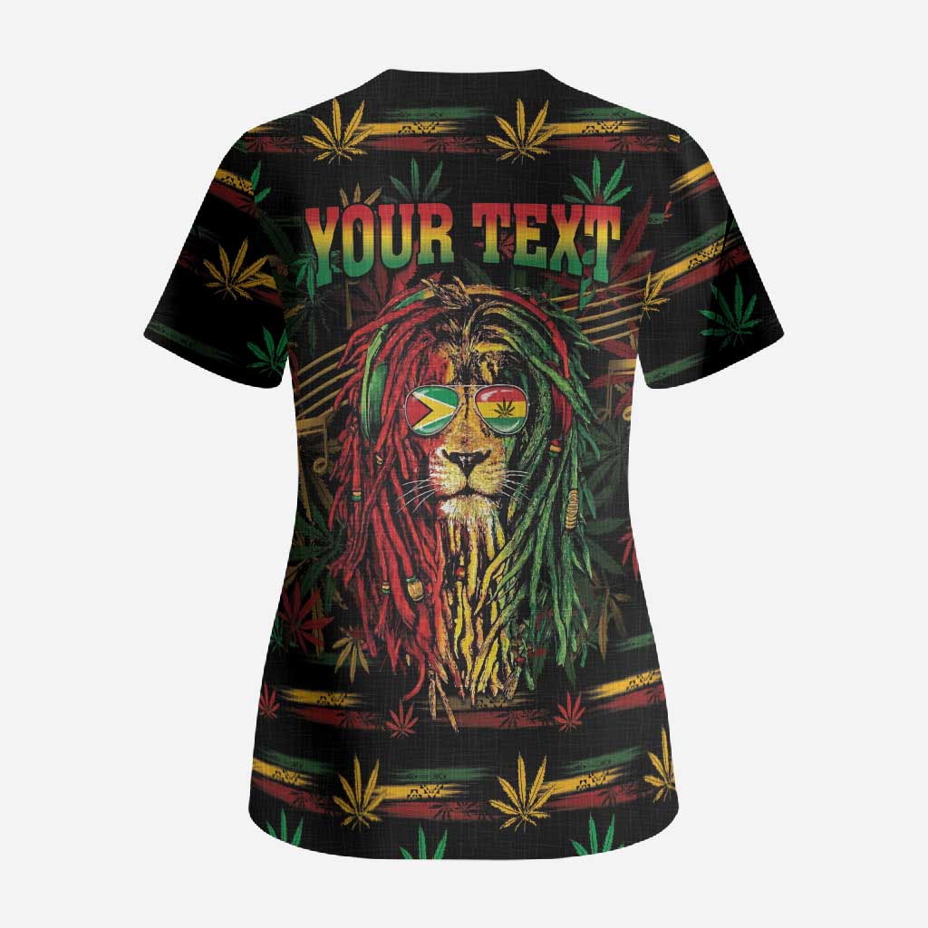 Personalized Guyana One Love Reggae Lion Scrub Top Caribbean Reggae Spirit