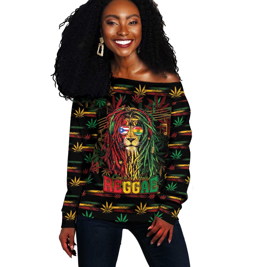 Personalized Puerto Rico One Love Reggae Lion Off Shoulder Sweater Caribbean Reggae Spirit