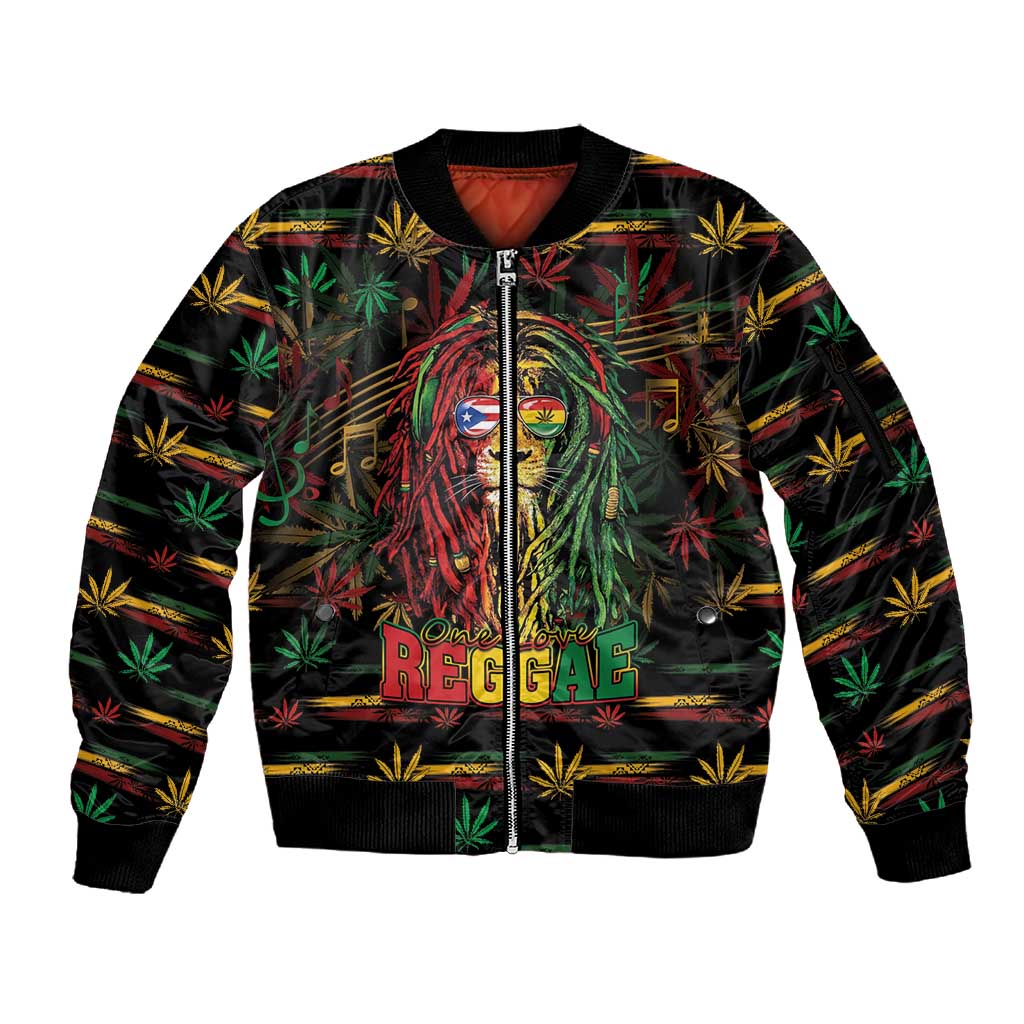 Personalized Puerto Rico One Love Reggae Lion Sleeve Zip Bomber Jacket Caribbean Reggae Spirit