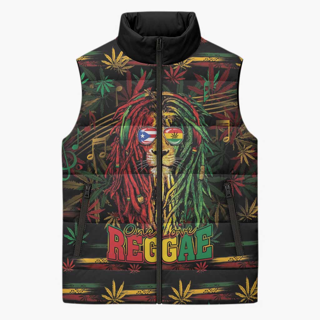 Personalized Puerto Rico One Love Reggae Lion Sleeveless Puffer Jacket Caribbean Reggae Spirit