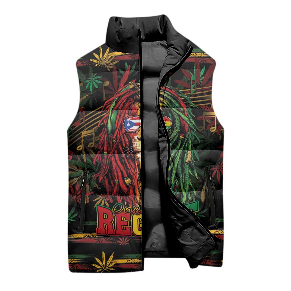 Personalized Puerto Rico One Love Reggae Lion Sleeveless Puffer Jacket Caribbean Reggae Spirit