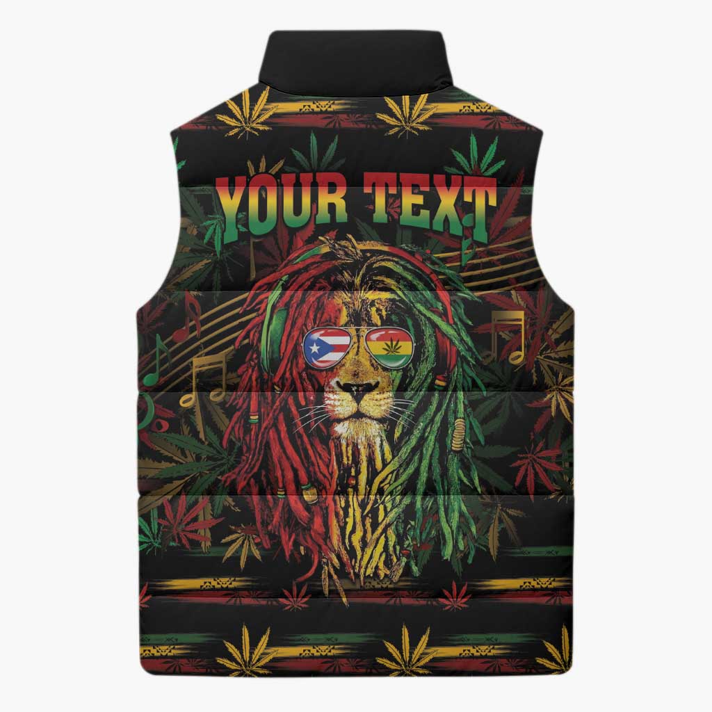 Personalized Puerto Rico One Love Reggae Lion Sleeveless Puffer Jacket Caribbean Reggae Spirit