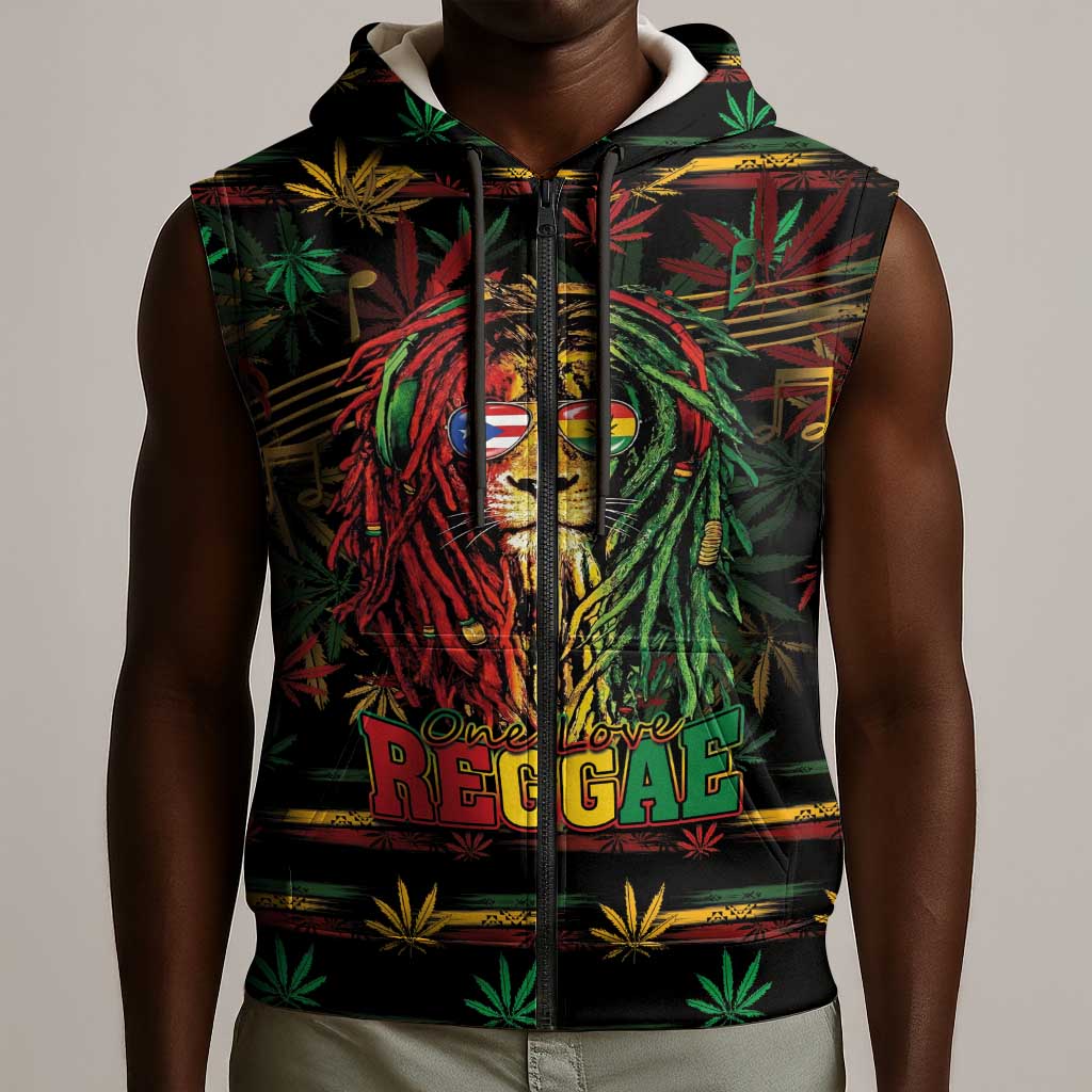 Personalized Puerto Rico One Love Reggae Lion Sleeveless Zip Hoodie Caribbean Reggae Spirit