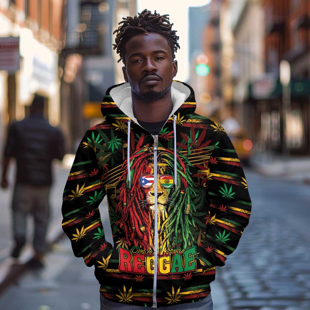 Personalized Puerto Rico One Love Reggae Lion Zip Hoodie Caribbean Reggae Spirit