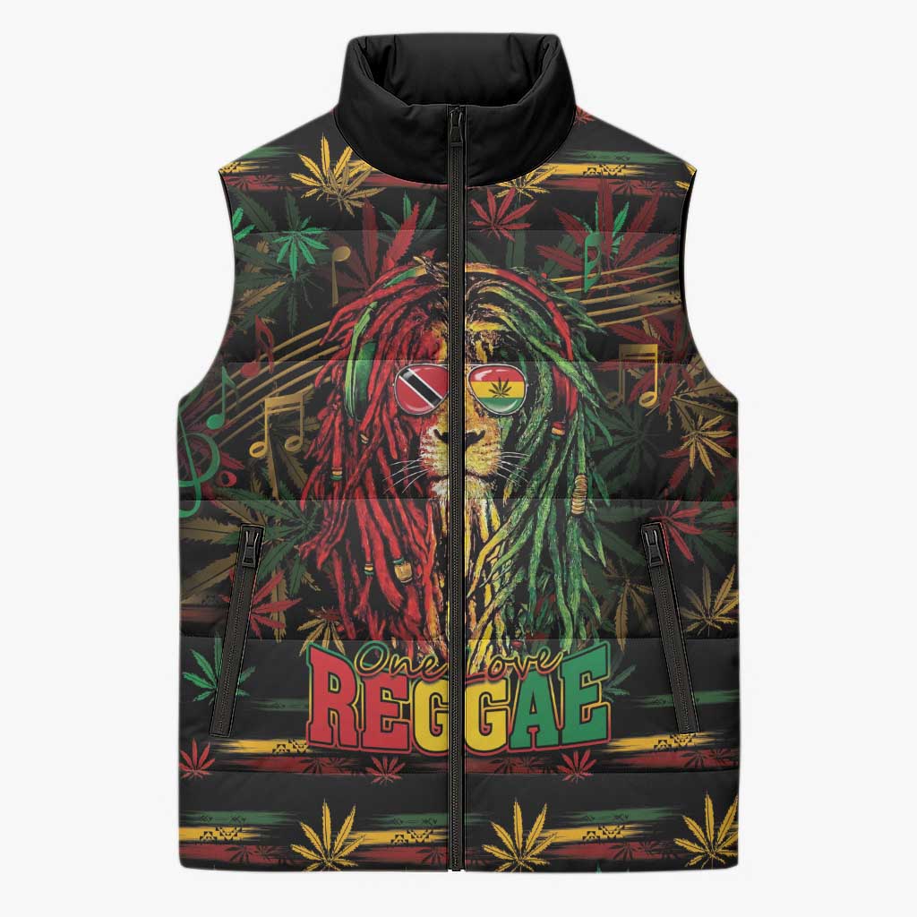 Personalized Trinidad and Tobago One Love Reggae Lion Sleeveless Puffer Jacket Caribbean Reggae Spirit