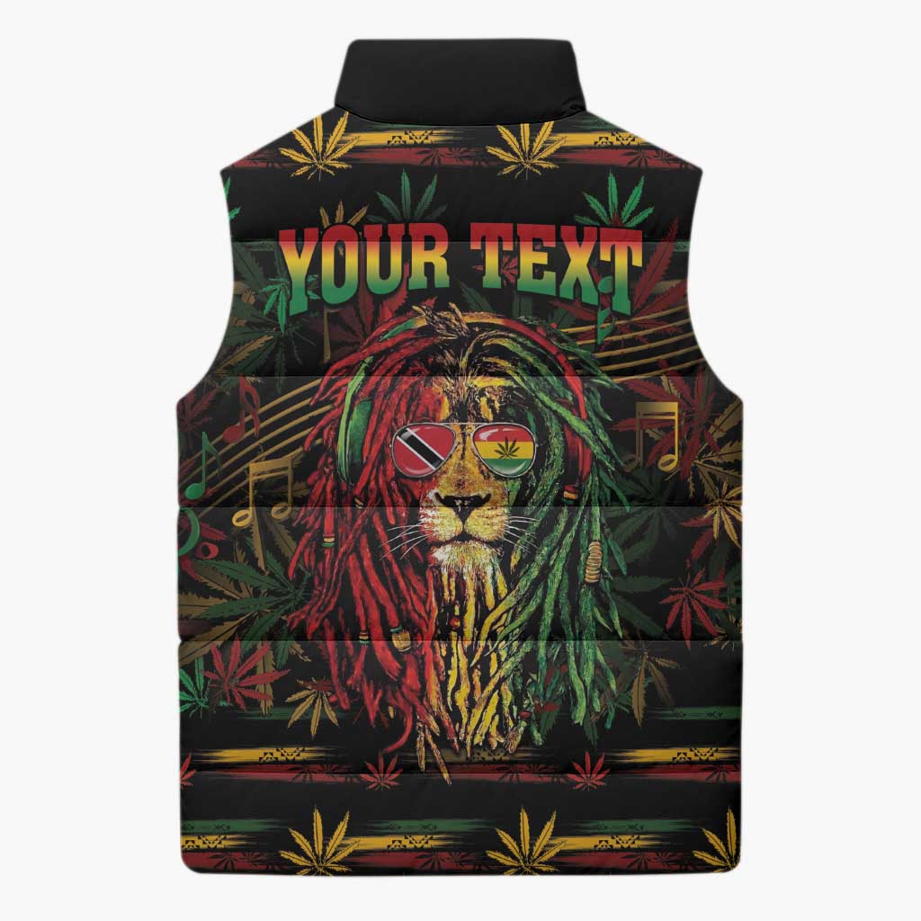 Personalized Trinidad and Tobago One Love Reggae Lion Sleeveless Puffer Jacket Caribbean Reggae Spirit