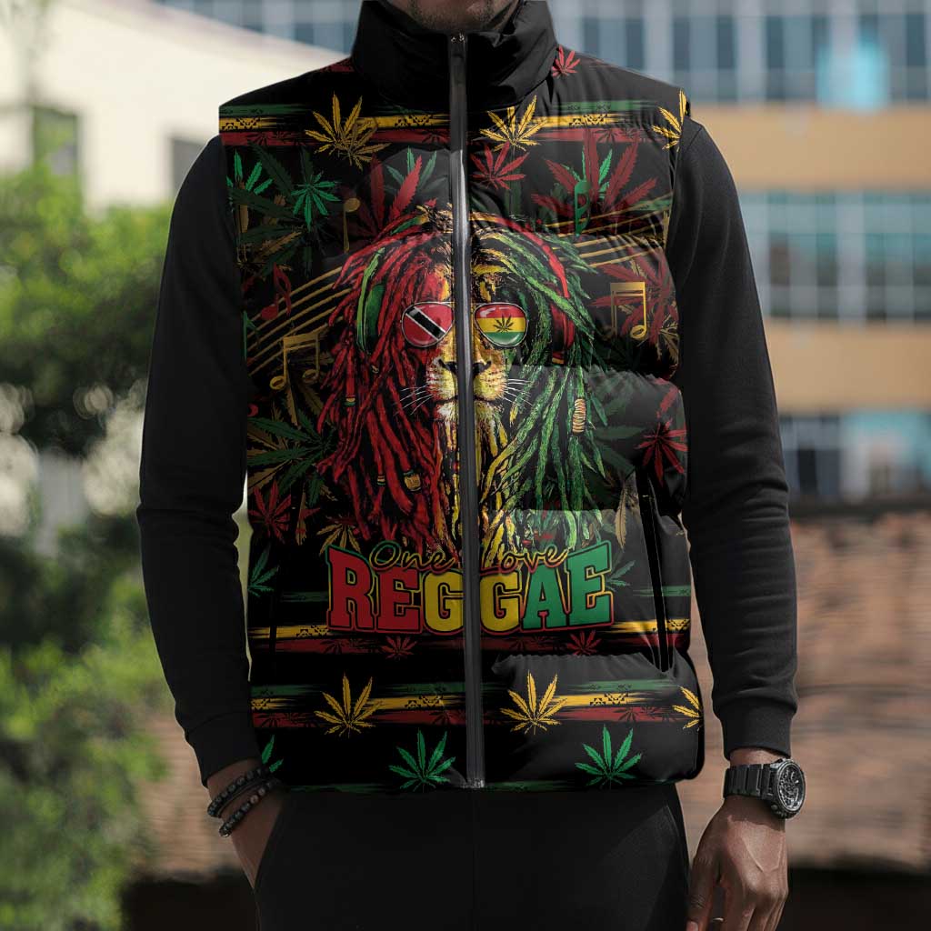 Personalized Trinidad and Tobago One Love Reggae Lion Sleeveless Puffer Jacket Caribbean Reggae Spirit