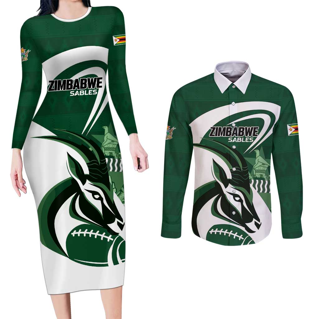Custom Rugby Zimbabwe Couples Matching Long Sleeve Bodycon Dress and Long Sleeve Button Shirt Sables Is The Champion - Wonder Print Shop