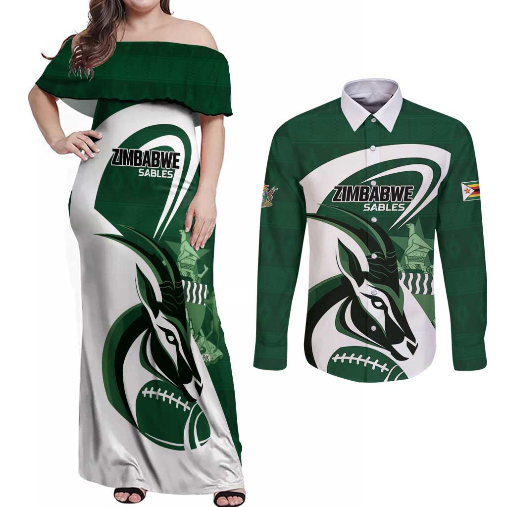 Custom Rugby Zimbabwe Couples Matching Off Shoulder Maxi Dress and Long Sleeve Button Shirt Sables Is The Champion - Wonder Print Shop