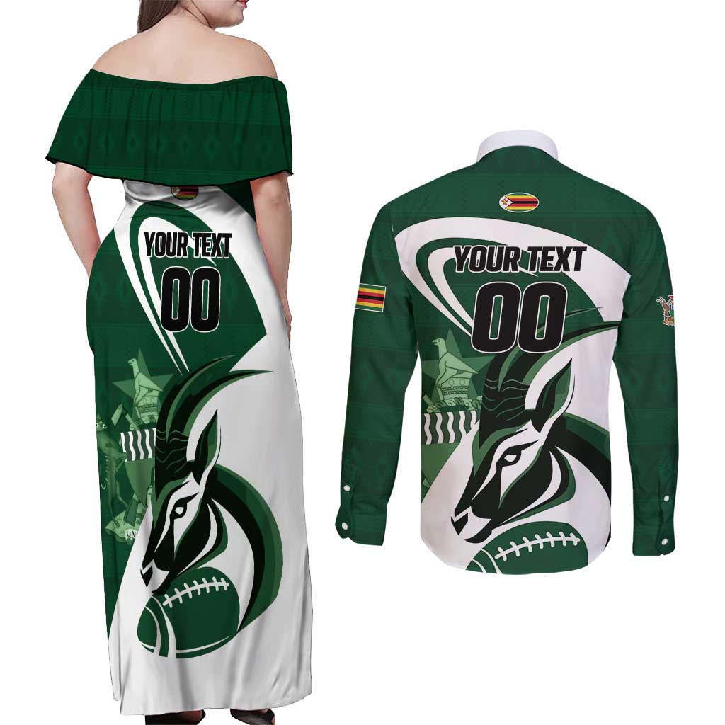 Custom Rugby Zimbabwe Couples Matching Off Shoulder Maxi Dress and Long Sleeve Button Shirt Sables Is The Champion - Wonder Print Shop