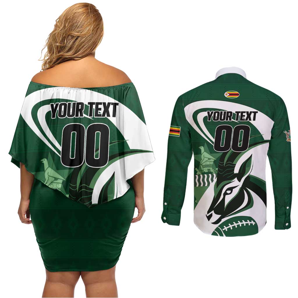 Custom Rugby Zimbabwe Couples Matching Off Shoulder Short Dress and Long Sleeve Button Shirt Sables Is The Champion - Wonder Print Shop