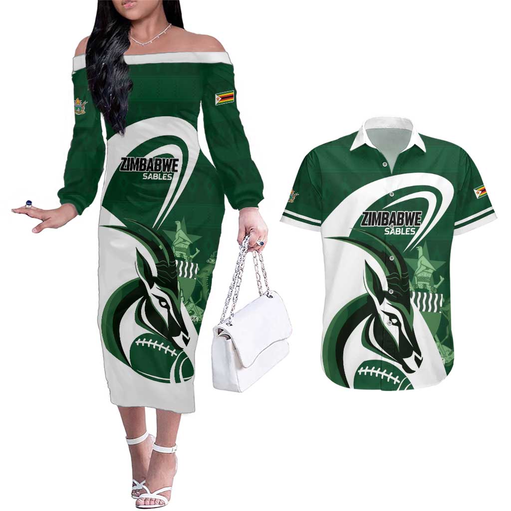Custom Rugby Zimbabwe Couples Matching Off The Shoulder Long Sleeve Dress and Hawaiian Shirt Sables Is The Champion - Wonder Print Shop