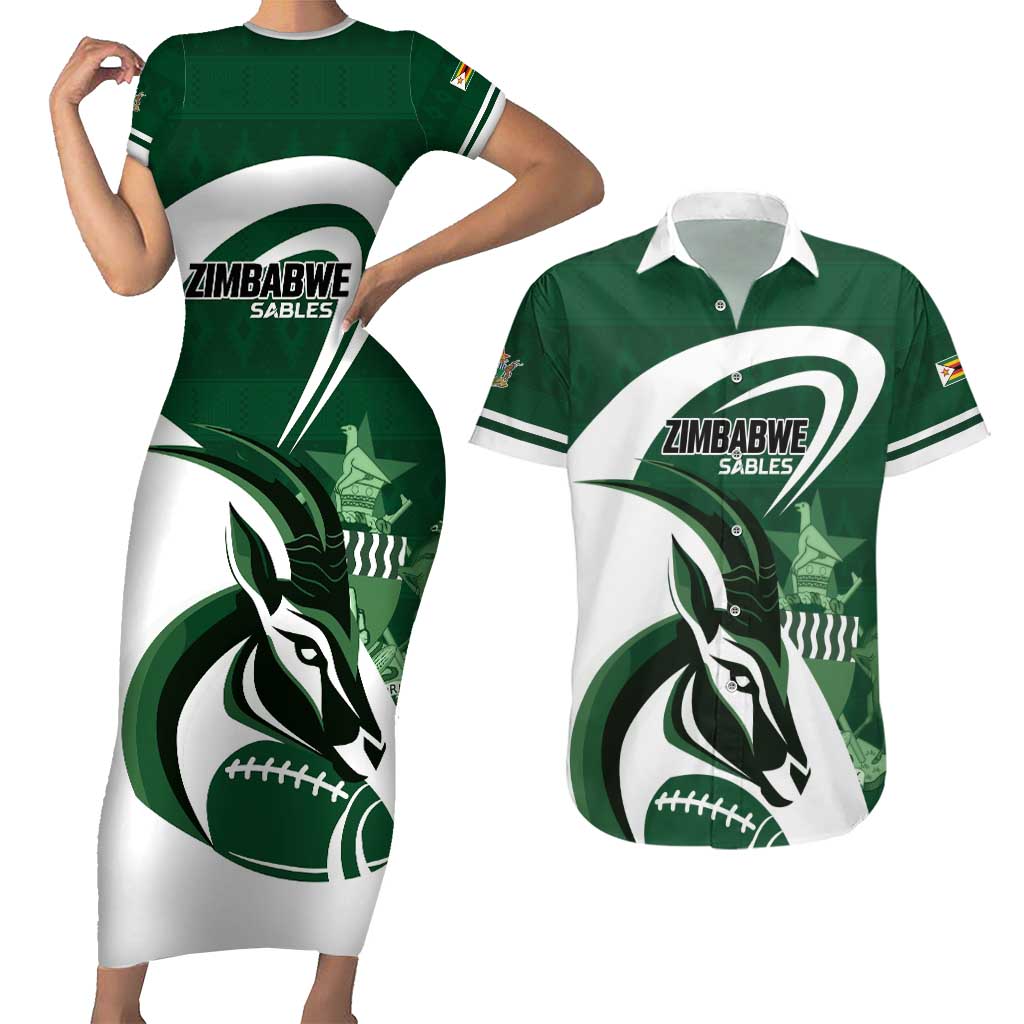 Custom Rugby Zimbabwe Couples Matching Short Sleeve Bodycon Dress and Hawaiian Shirt Sables Is The Champion - Wonder Print Shop