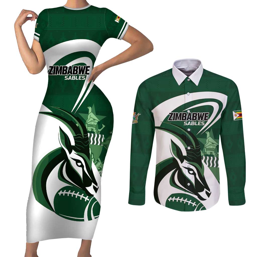 Custom Rugby Zimbabwe Couples Matching Short Sleeve Bodycon Dress and Long Sleeve Button Shirt Sables Is The Champion - Wonder Print Shop