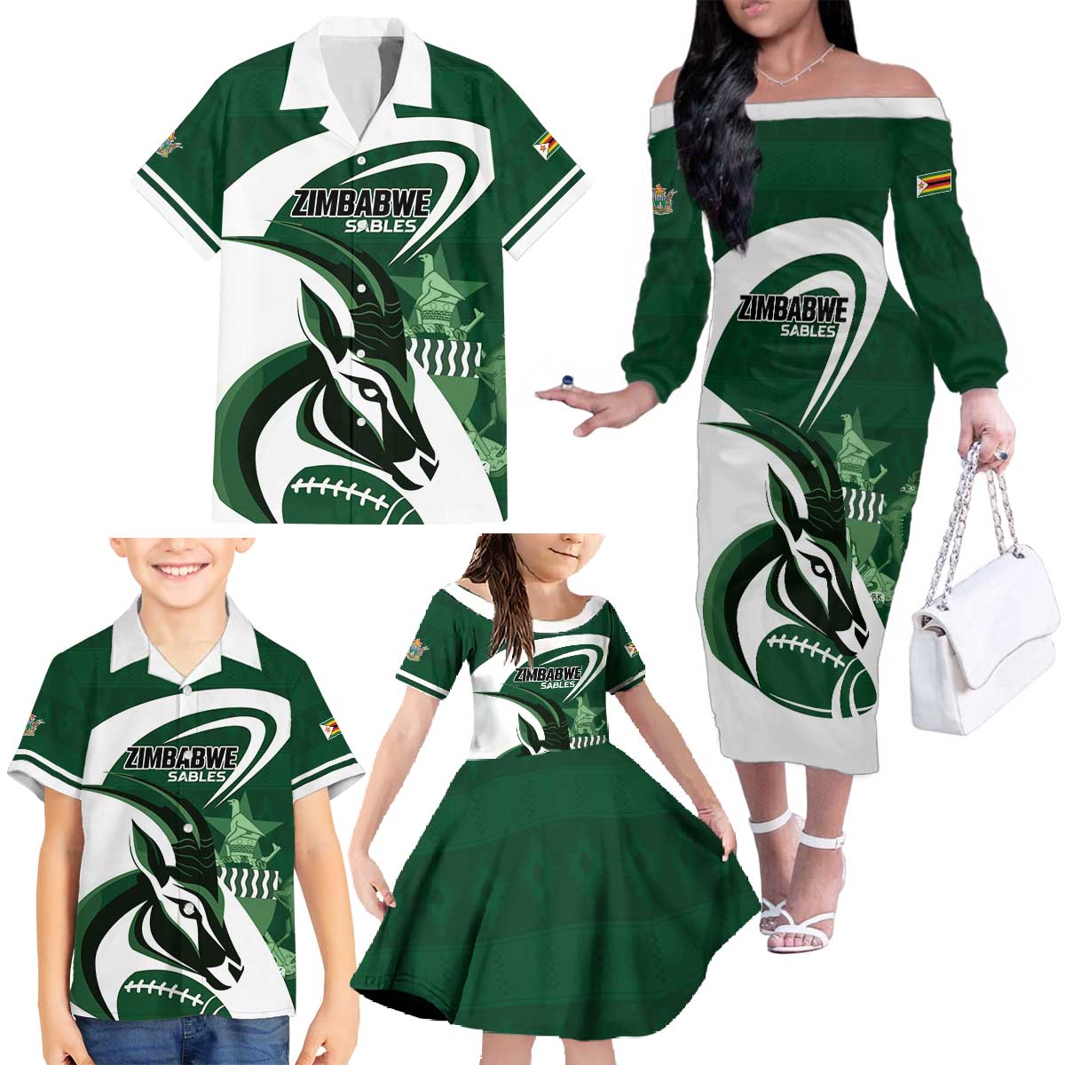 Custom Rugby Zimbabwe Family Matching Off The Shoulder Long Sleeve Dress and Hawaiian Shirt Sables Is The Champion - Wonder Print Shop