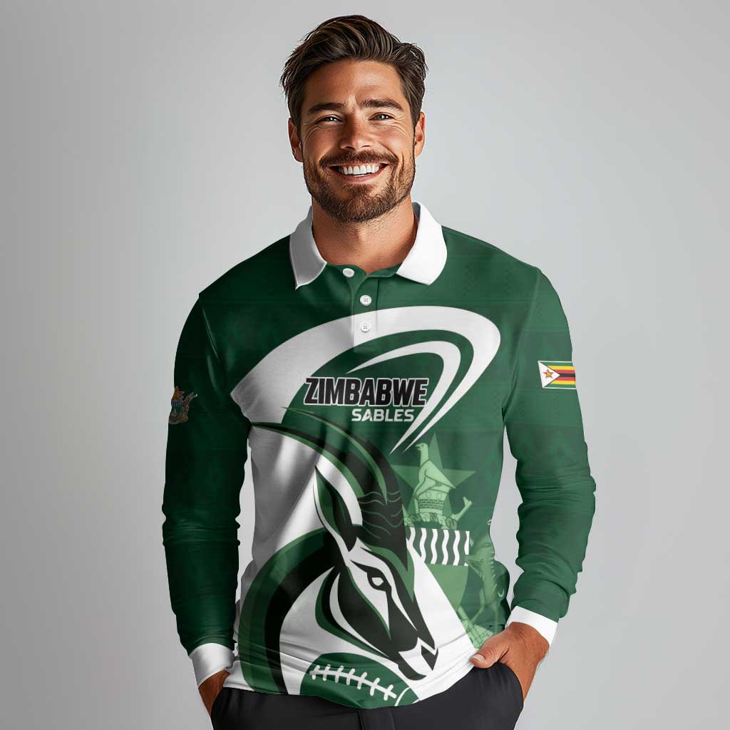 Custom Rugby Zimbabwe Long Sleeve Polo Shirt Sables Is The Champion - Wonder Print Shop