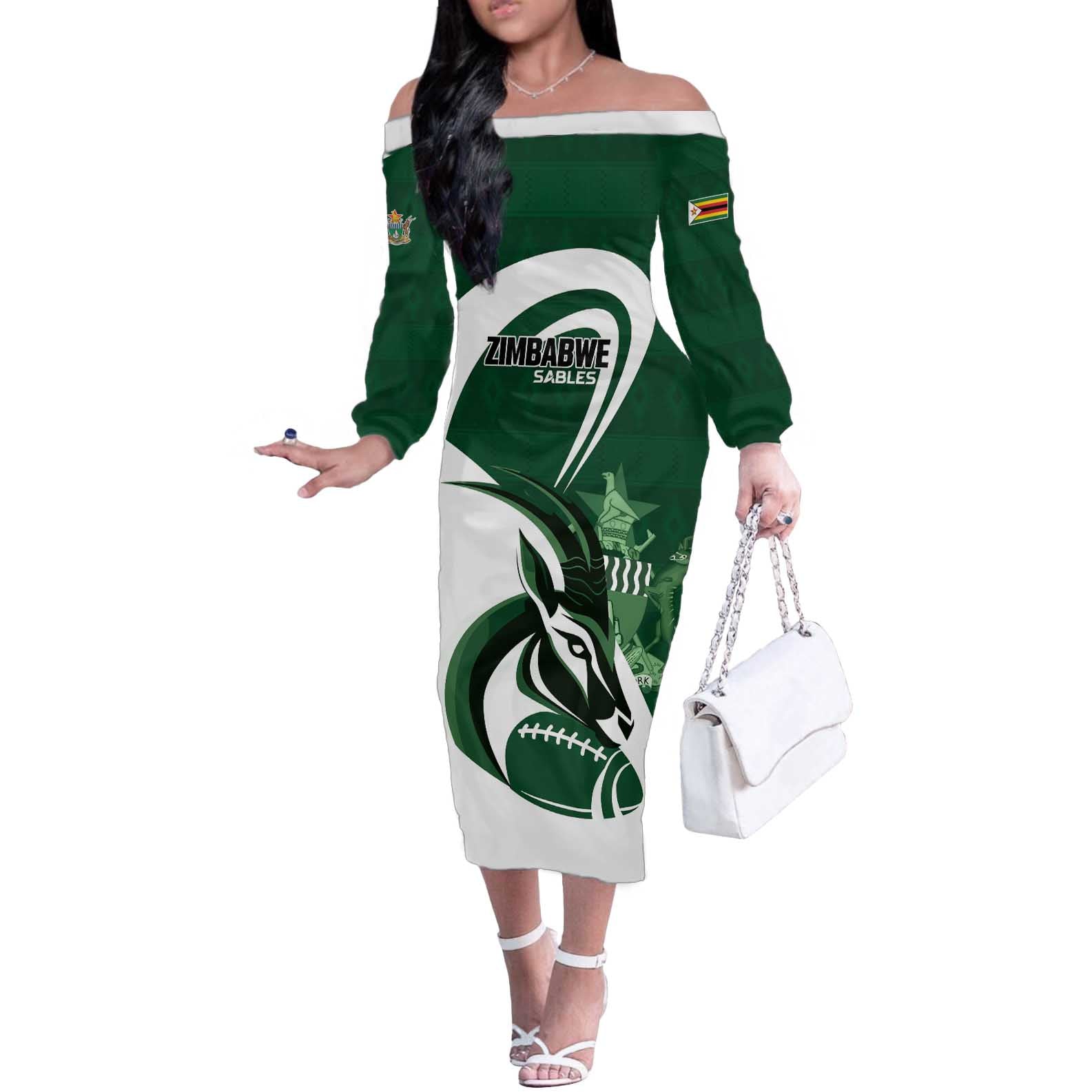 Custom Rugby Zimbabwe Off The Shoulder Long Sleeve Dress Sables Is The Champion - Wonder Print Shop