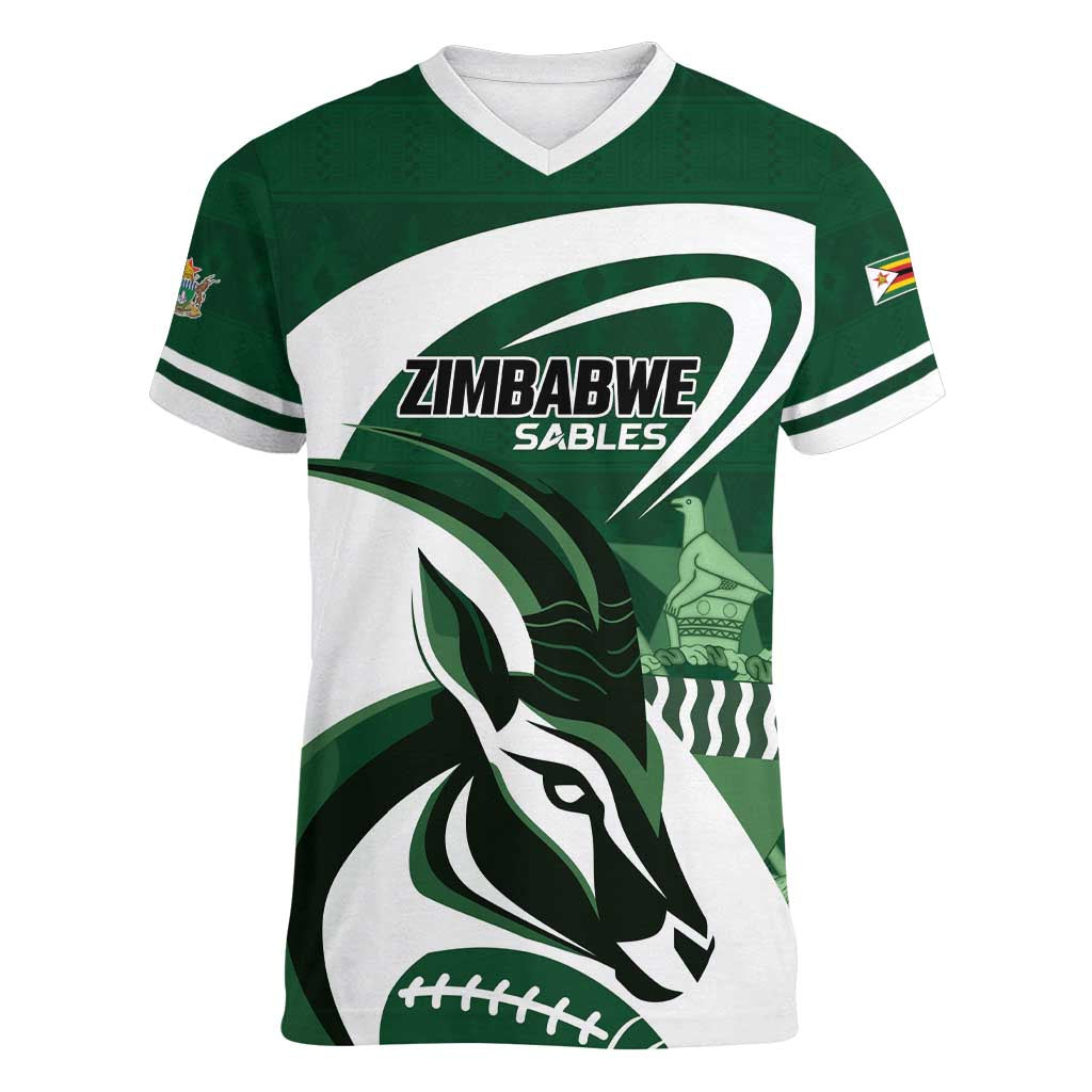 Custom Rugby Zimbabwe Women V-Neck T-Shirt Sables Is The Champion - Wonder Print Shop