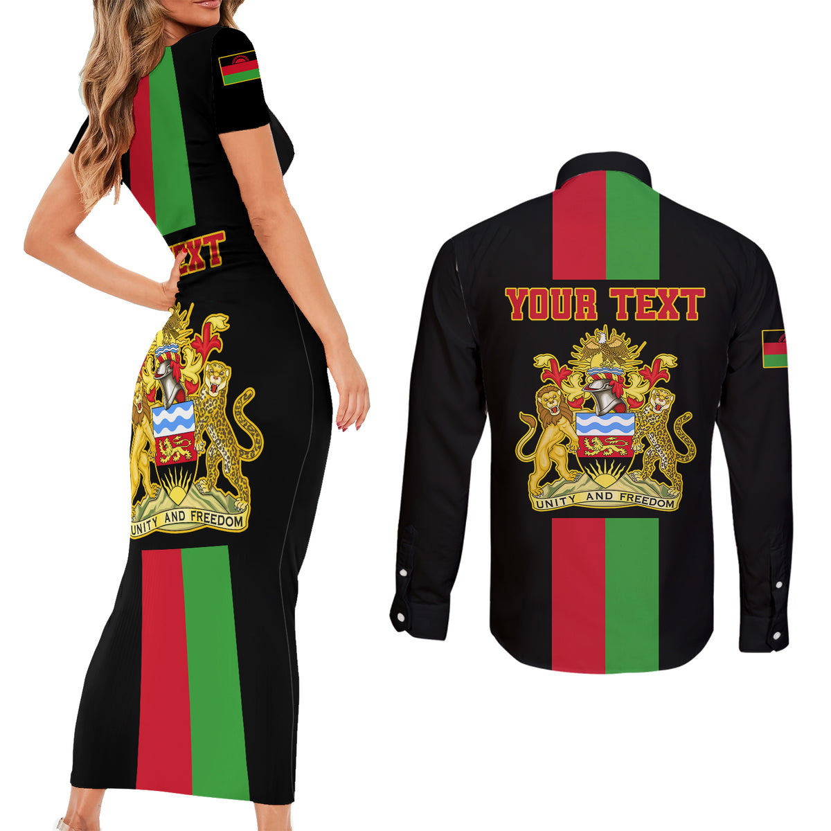 Personalised Malawi Couples Matching Short Sleeve Bodycon Dress and Long Sleeve Button Shirts With Coat Of Arms Flag Style - Wonder Print Shop