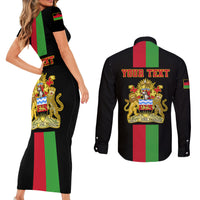Personalised Malawi Couples Matching Short Sleeve Bodycon Dress and Long Sleeve Button Shirts With Coat Of Arms Flag Style - Wonder Print Shop