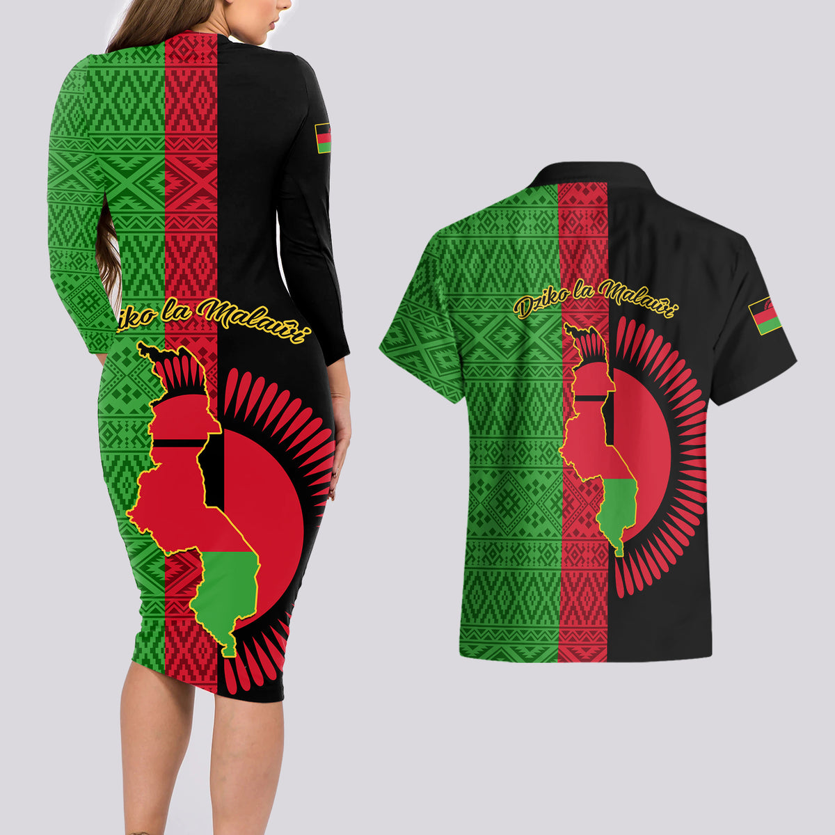 Malawi Couples Matching Long Sleeve Bodycon Dress and Hawaiian Shirt With Coat Of Arms Mix African Pattern - Wonder Print Shop