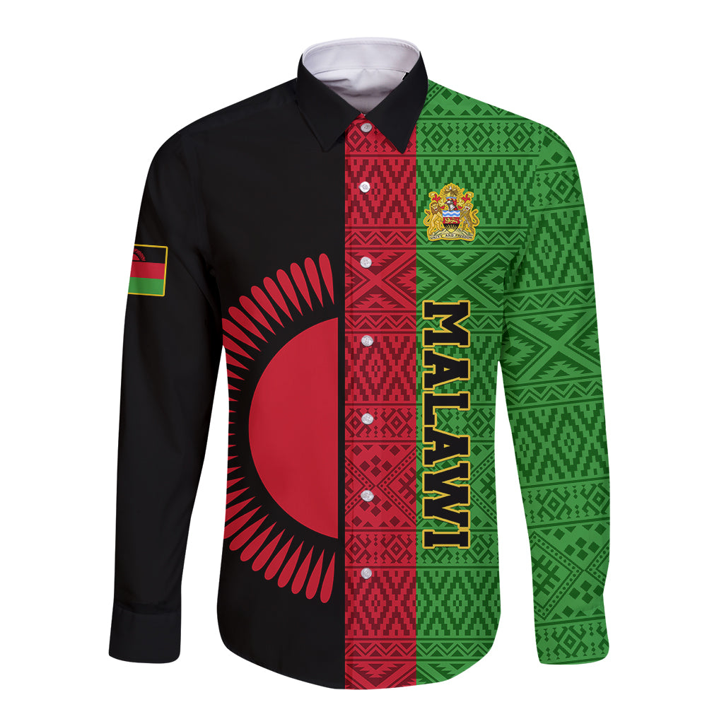 Malawi Long Sleeve Button Shirt With Coat Of Arms Mix African Pattern - Wonder Print Shop
