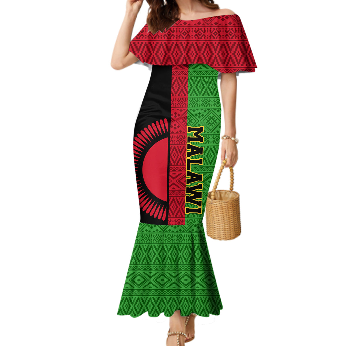 Malawi Mermaid Dress With Coat Of Arms Mix African Pattern - Wonder Print Shop
