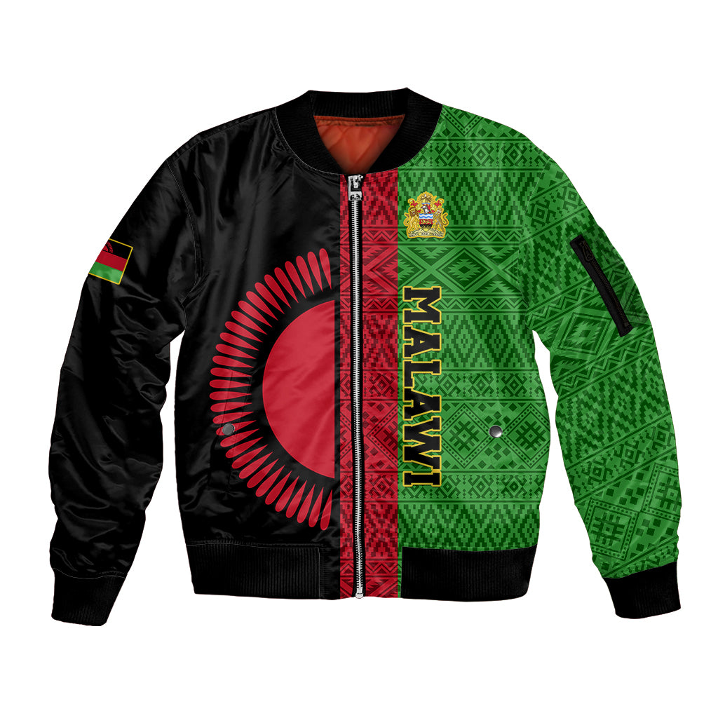 Malawi Sleeve Zip Bomber Jacket With Coat Of Arms Mix African Pattern - Wonder Print Shop