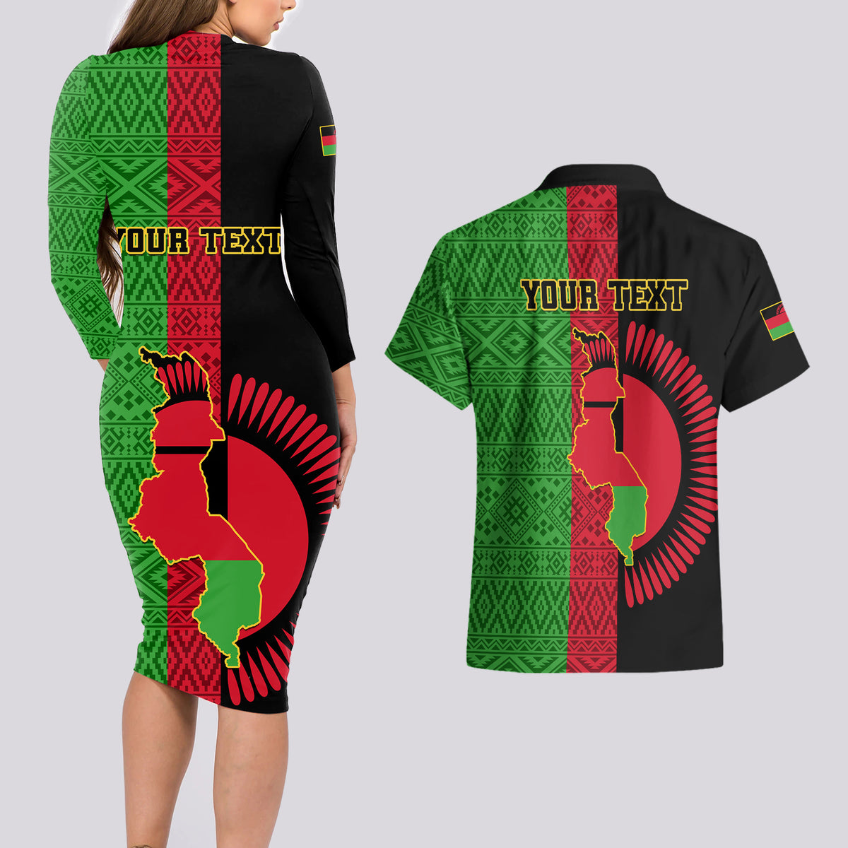 Personalised Malawi Couples Matching Long Sleeve Bodycon Dress and Hawaiian Shirt With Coat Of Arms Mix African Pattern - Wonder Print Shop