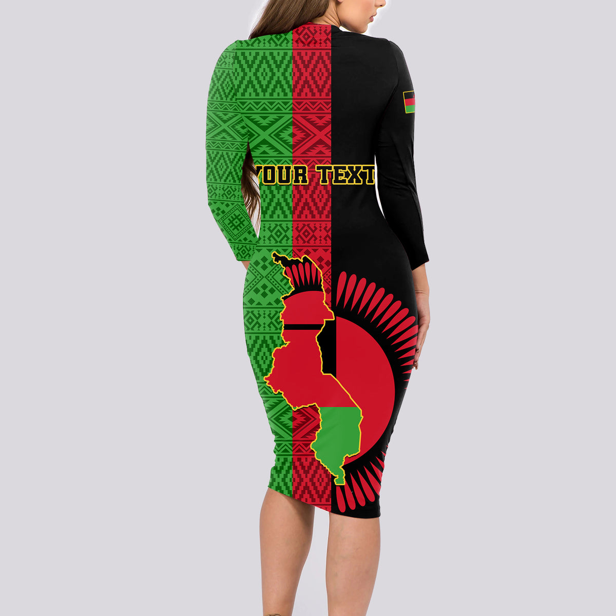 Personalised Malawi Long Sleeve Bodycon Dress With Coat Of Arms Mix African Pattern - Wonder Print Shop