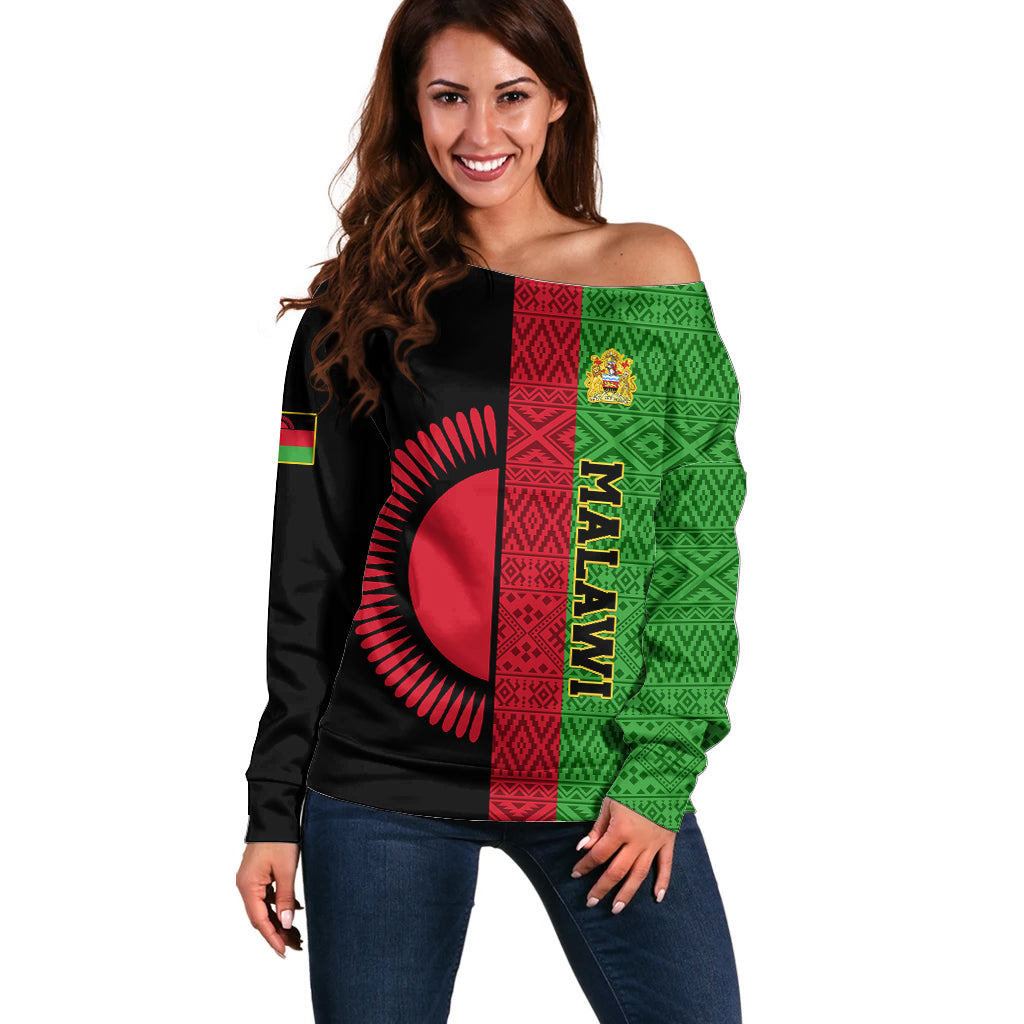 Personalised Malawi Off Shoulder Sweater With Coat Of Arms Mix African Pattern - Wonder Print Shop