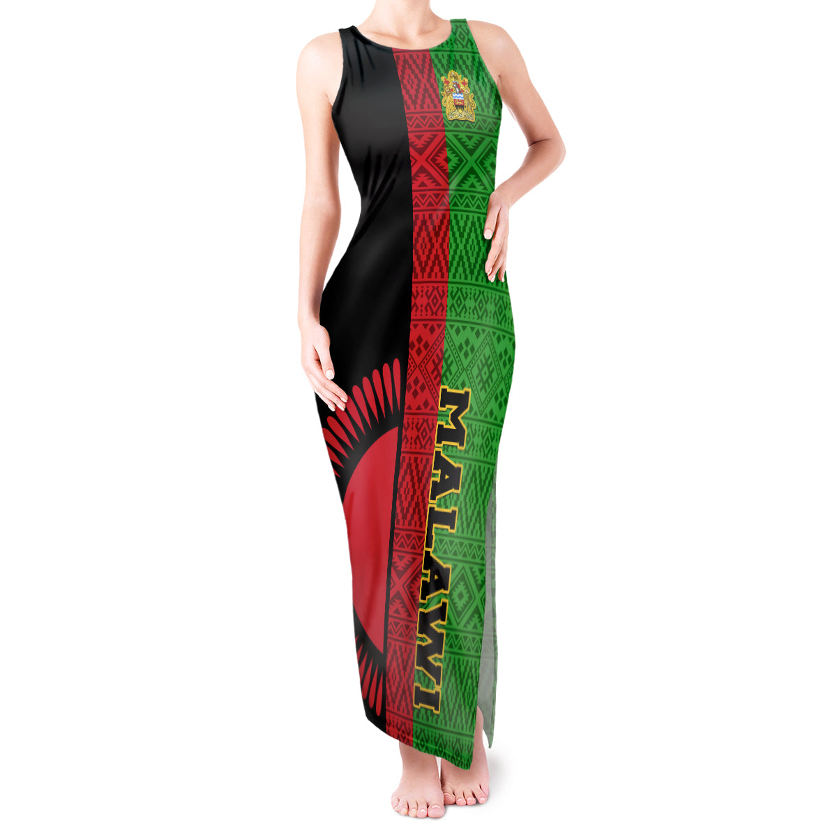 Personalised Malawi Tank Maxi Dress With Coat Of Arms Mix African Pattern - Wonder Print Shop