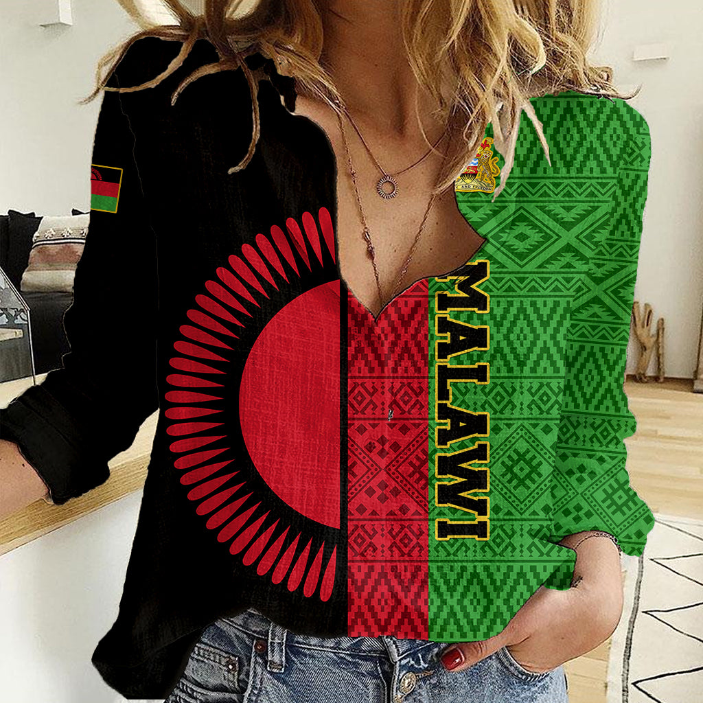 Personalised Malawi Women Casual Shirt With Coat Of Arms Mix African Pattern - Wonder Print Shop