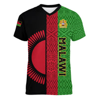 Personalised Malawi Women V Neck T Shirt With Coat Of Arms Mix African Pattern - Wonder Print Shop