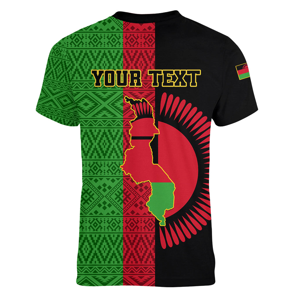 Personalised Malawi Women V Neck T Shirt With Coat Of Arms Mix African Pattern - Wonder Print Shop
