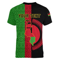 Personalised Malawi Women V Neck T Shirt With Coat Of Arms Mix African Pattern - Wonder Print Shop