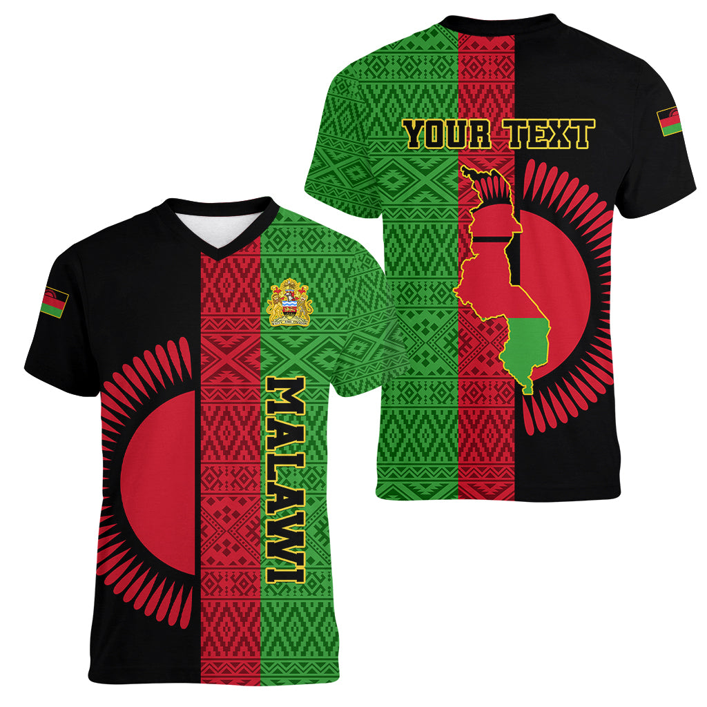 Personalised Malawi Women V Neck T Shirt With Coat Of Arms Mix African Pattern - Wonder Print Shop