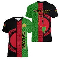 Personalised Malawi Women V Neck T Shirt With Coat Of Arms Mix African Pattern - Wonder Print Shop