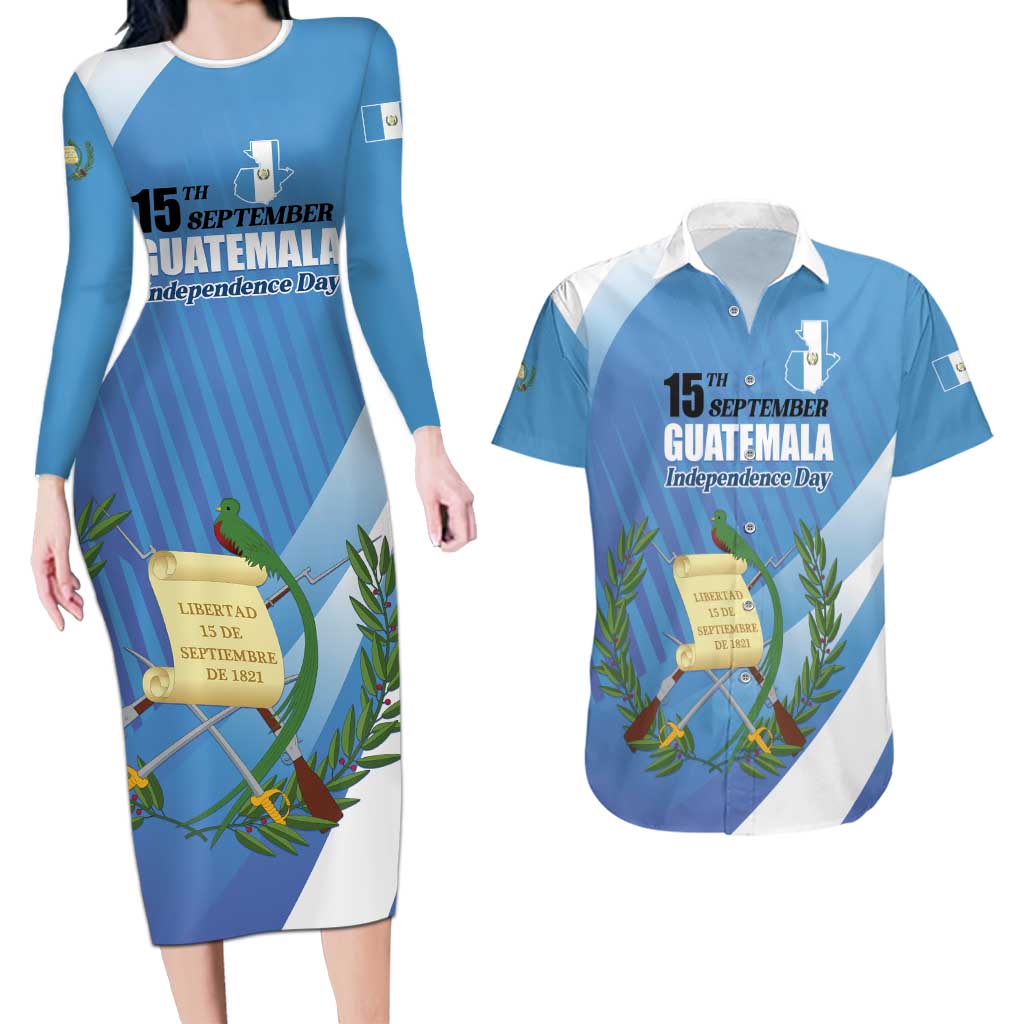 Guatemala Independence Day 1821 Couples Matching Long Sleeve Bodycon Dress and Hawaiian Shirt Libre crezca fecundo - Wonder Print Shop