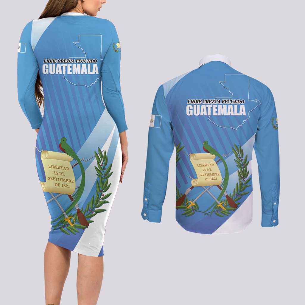 Guatemala Independence Day 1821 Couples Matching Long Sleeve Bodycon Dress and Long Sleeve Button Shirt Libre crezca fecundo - Wonder Print Shop