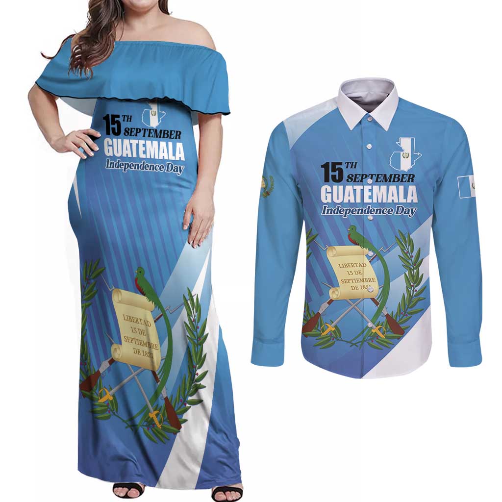Guatemala Independence Day 1821 Couples Matching Off Shoulder Maxi Dress and Long Sleeve Button Shirt Libre crezca fecundo - Wonder Print Shop