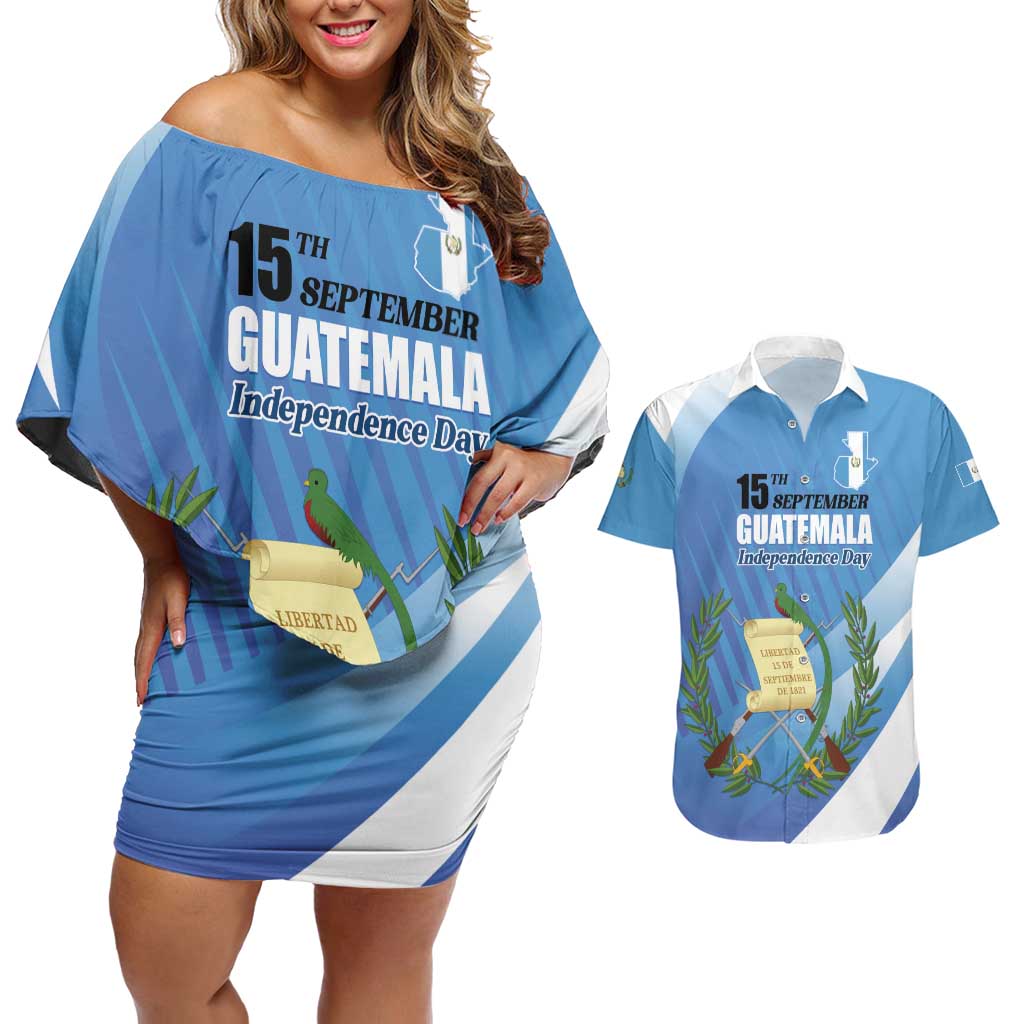 Guatemala Independence Day 1821 Couples Matching Off Shoulder Short Dress and Hawaiian Shirt Libre crezca fecundo - Wonder Print Shop