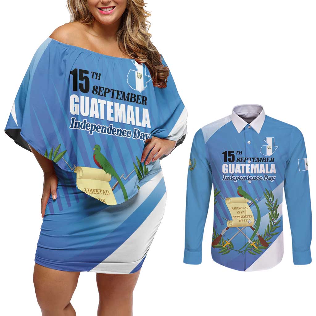 Guatemala Independence Day 1821 Couples Matching Off Shoulder Short Dress and Long Sleeve Button Shirt Libre crezca fecundo - Wonder Print Shop