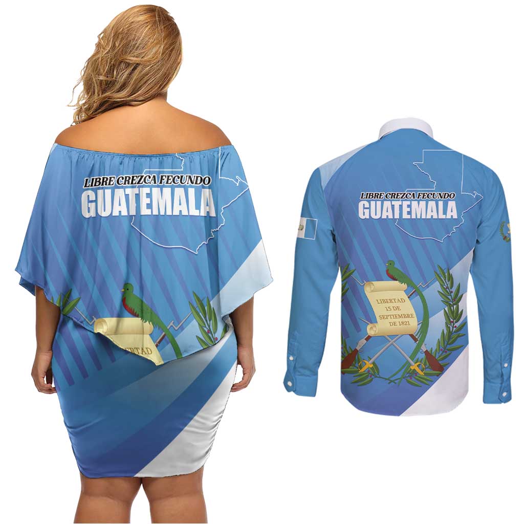 Guatemala Independence Day 1821 Couples Matching Off Shoulder Short Dress and Long Sleeve Button Shirt Libre crezca fecundo - Wonder Print Shop
