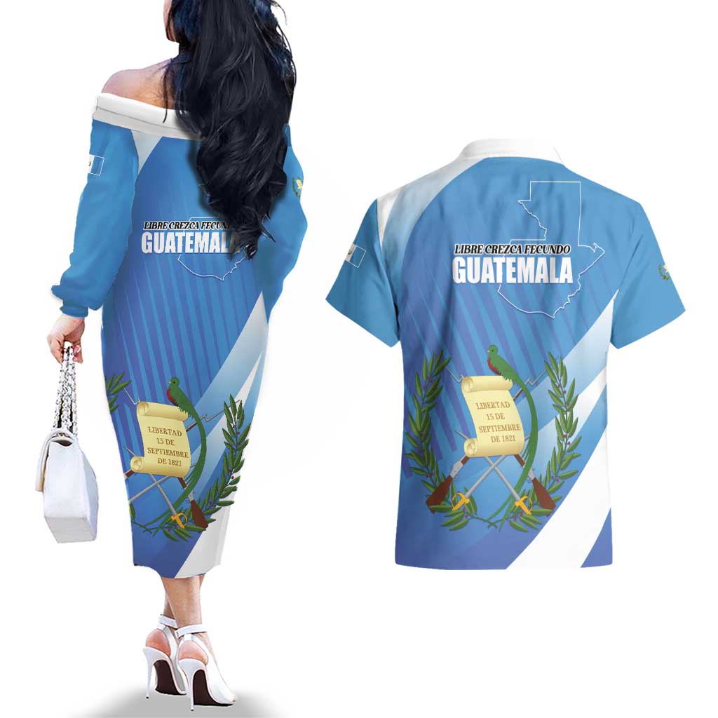 Guatemala Independence Day 1821 Couples Matching Off The Shoulder Long Sleeve Dress and Hawaiian Shirt Libre crezca fecundo - Wonder Print Shop