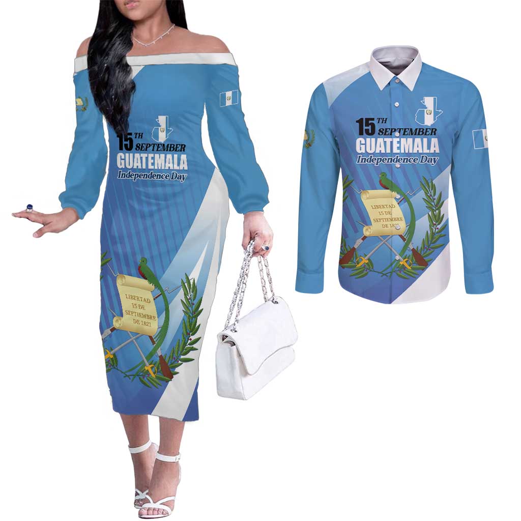 Guatemala Independence Day 1821 Couples Matching Off The Shoulder Long Sleeve Dress and Long Sleeve Button Shirt Libre crezca fecundo - Wonder Print Shop