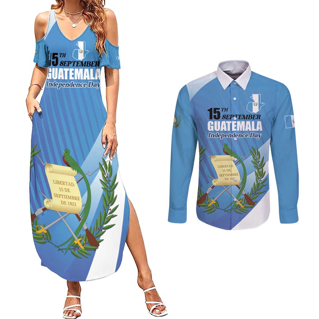 Guatemala Independence Day 1821 Couples Matching Summer Maxi Dress and Long Sleeve Button Shirt Libre crezca fecundo - Wonder Print Shop