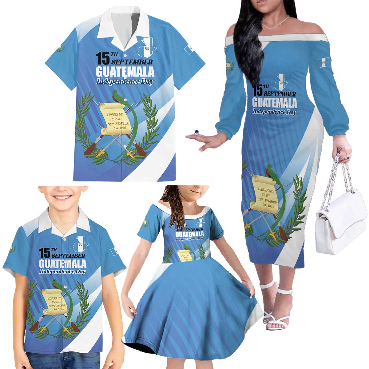 Guatemala Independence Day 1821 Family Matching Off The Shoulder Long Sleeve Dress and Hawaiian Shirt Libre crezca fecundo - Wonder Print Shop